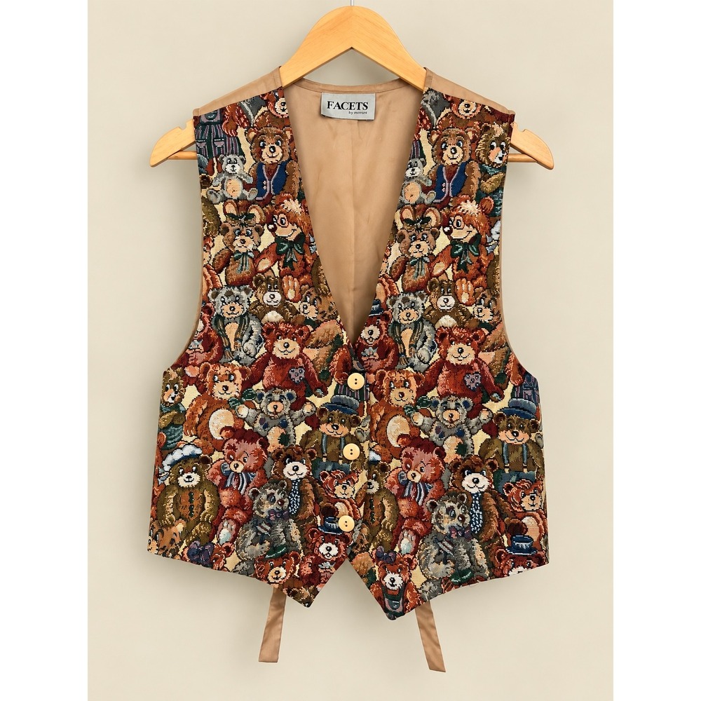 Facets by Mirrors VTG Teddy Bear Tapestry Vest Woven Cotton L USA Whimsical